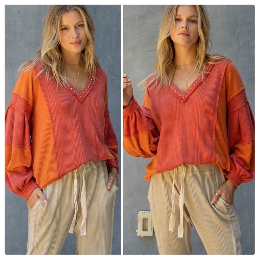 *NEW COLOR* POL Raw Edge Color Block Top - Picture 11 of 16